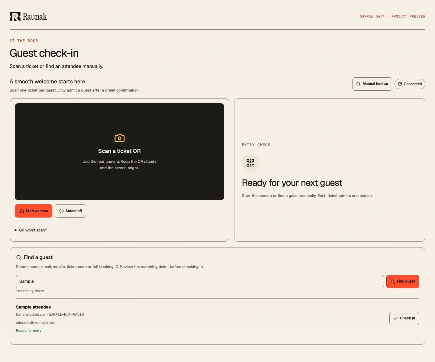 Raunak entrance check-in interface with manual lookup and camera controls using sample data.