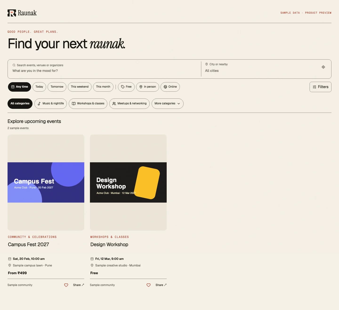 Raunak Discover interface with search, date filters and sample event cards.