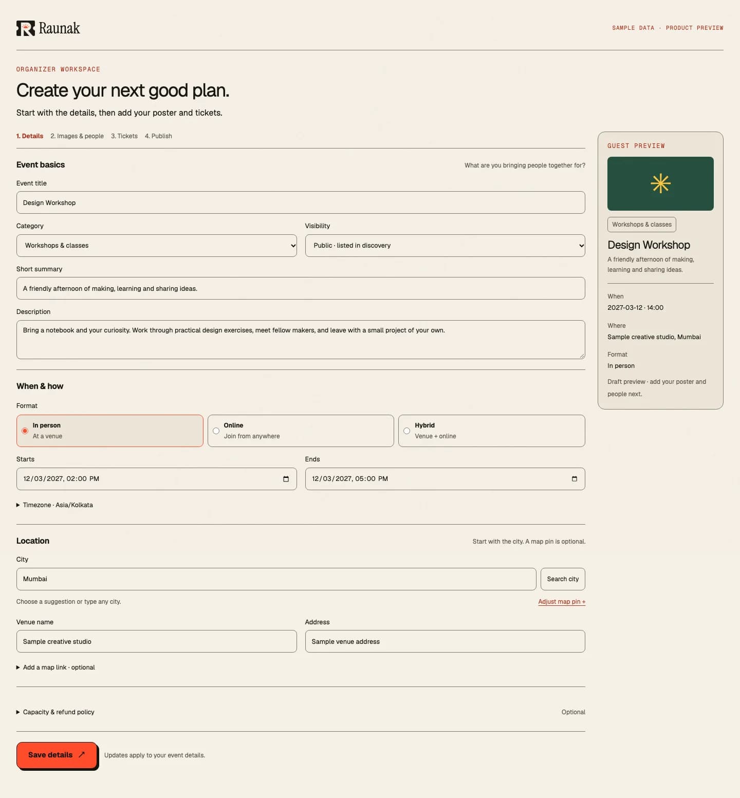 Raunak organizer workspace showing event controls with fictional sample data.